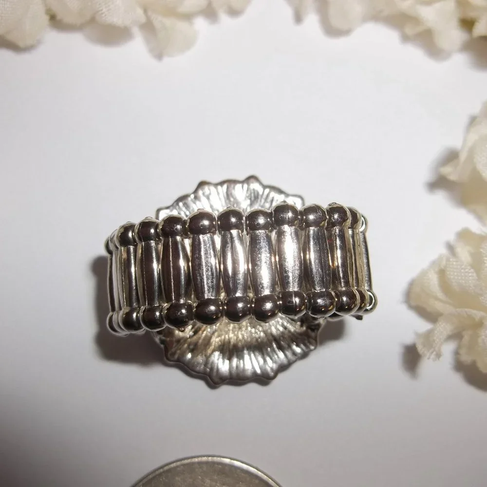 Teal Green and Silver Ring Adjustable Size Stretch Band Southwestern Style A945 - Picture 5 of 5